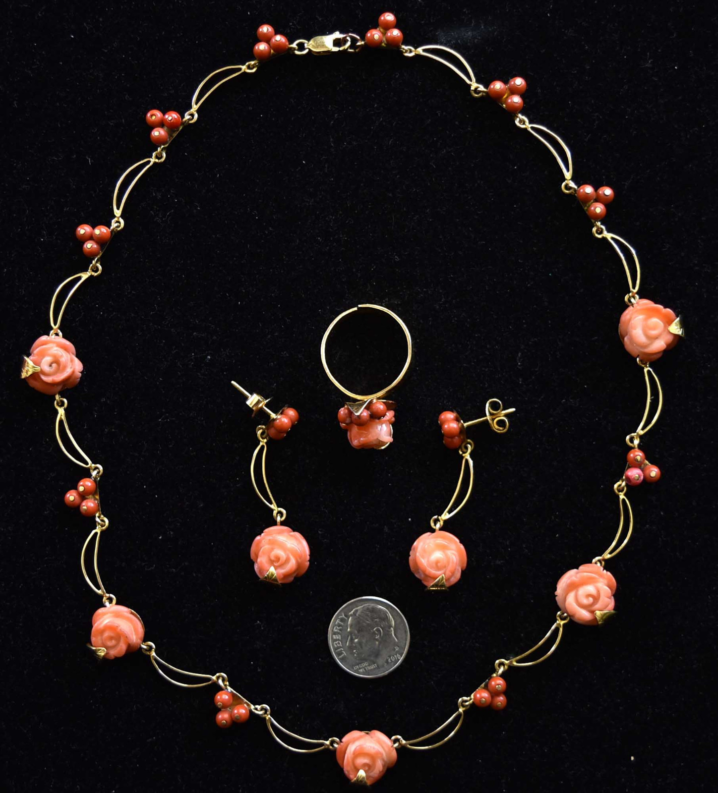 18K Solid Rose Gold and Natural Untreated Coral Necklace, Earrings & Ring Set