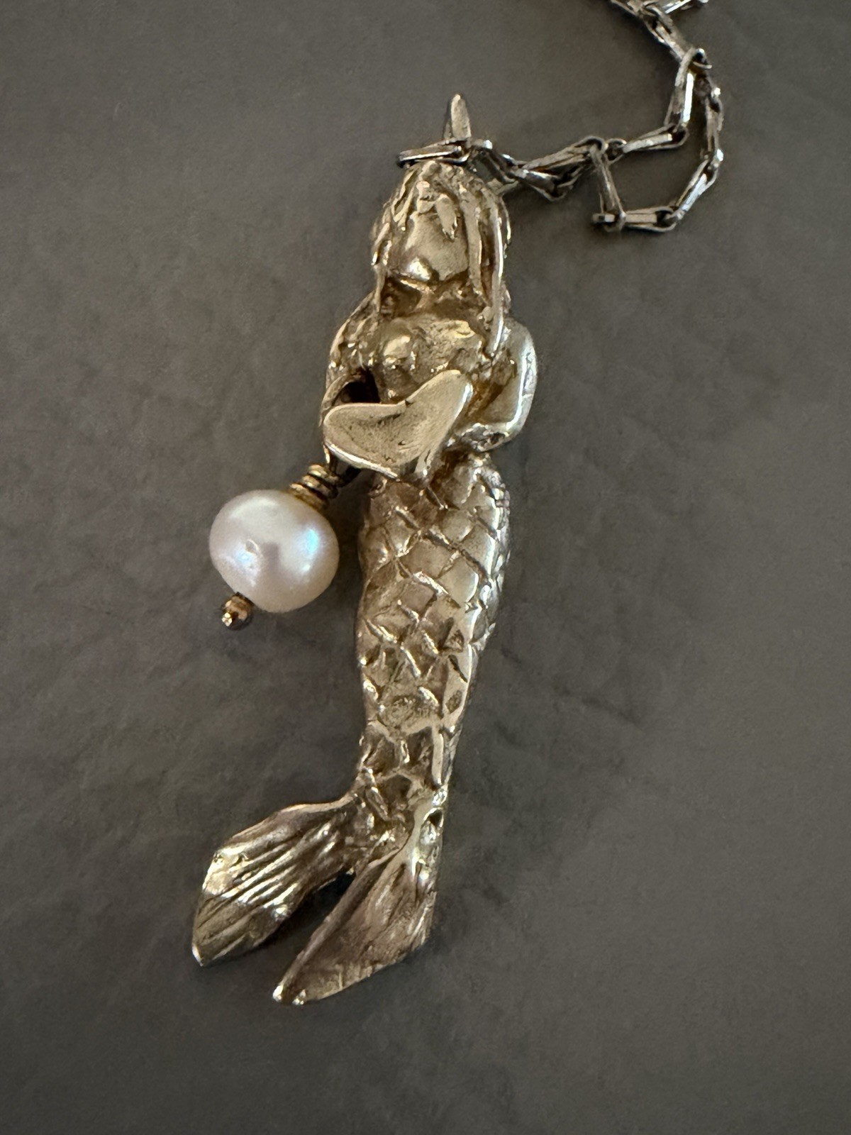 MERMAID with Pearl Gold Filled PENDANT on Gold Plate CHAIN Holding Heart