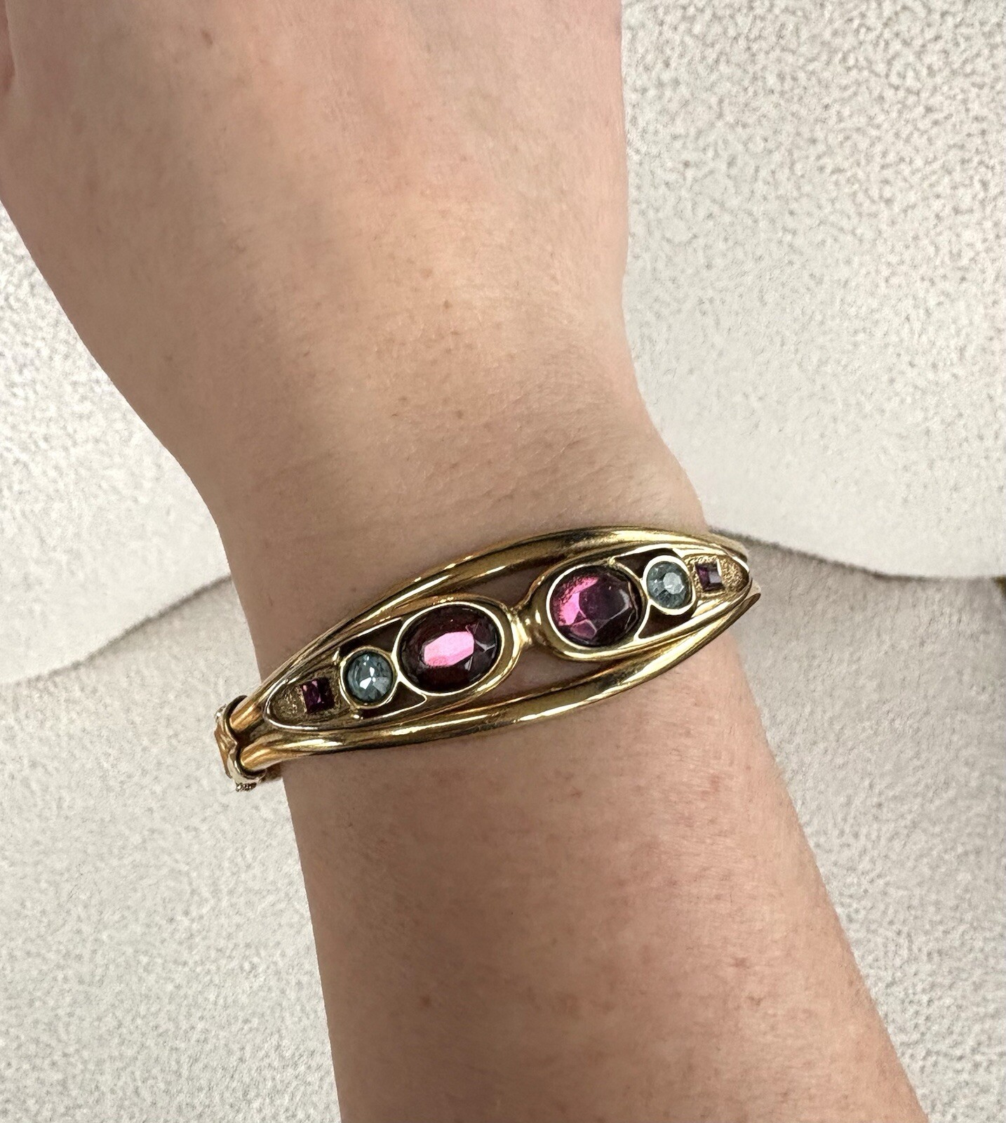Vintage Clamper Bracelet Gold Tone, Purple And Blue Stones