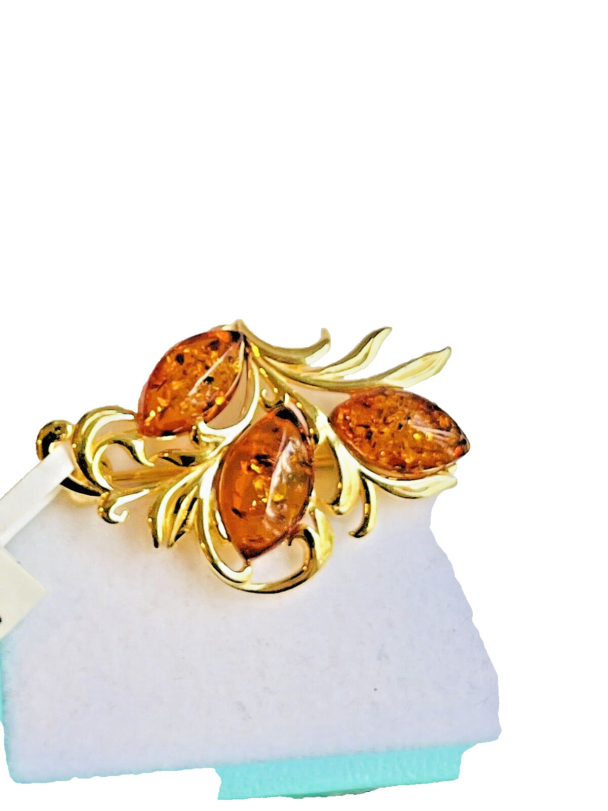 Genuine 14K Gold Filled Gilded Baltic Honey Cognac Amber Color Pin Brooch 925*