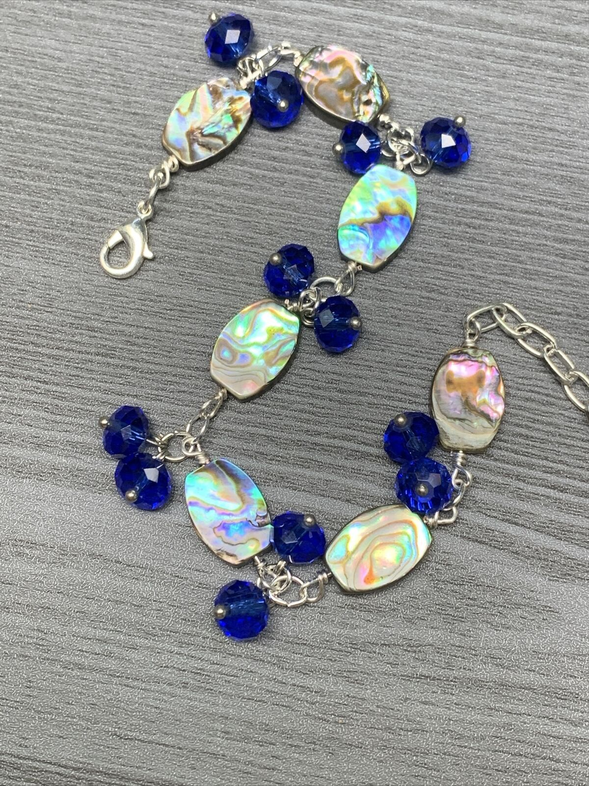 Vintage Beach Ocean Theme Abalone Shell Blue Crystal Bracelet 7.5”-9”