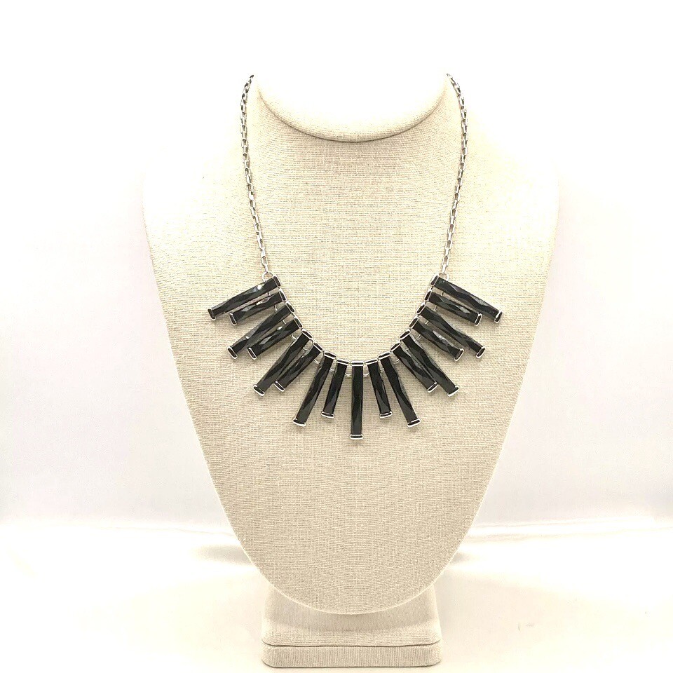 Vtg WHBM Silvertone Necklace Choker Bib Black Steam Punk Boho Gothic Retro G