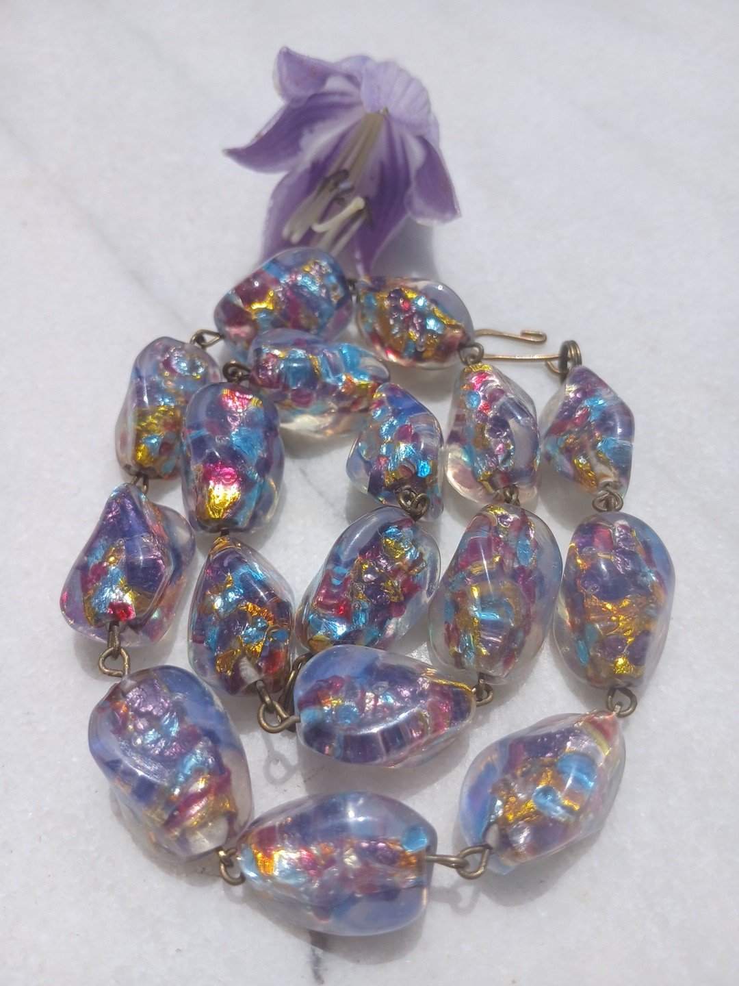 HUGE ANTIQUE JAPAN OPAL CONFETTI GOLD SILVER FOIL ART GLASS NECKLACE SET OOAK