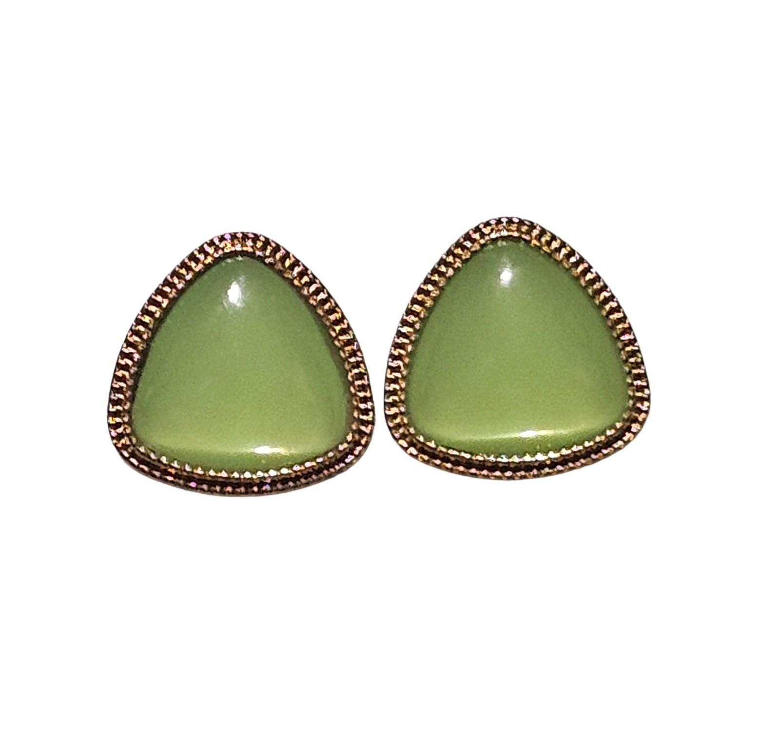 Vintage Retro Green Trillion Cabochon Stud Earrings Gold Tone Textured Border