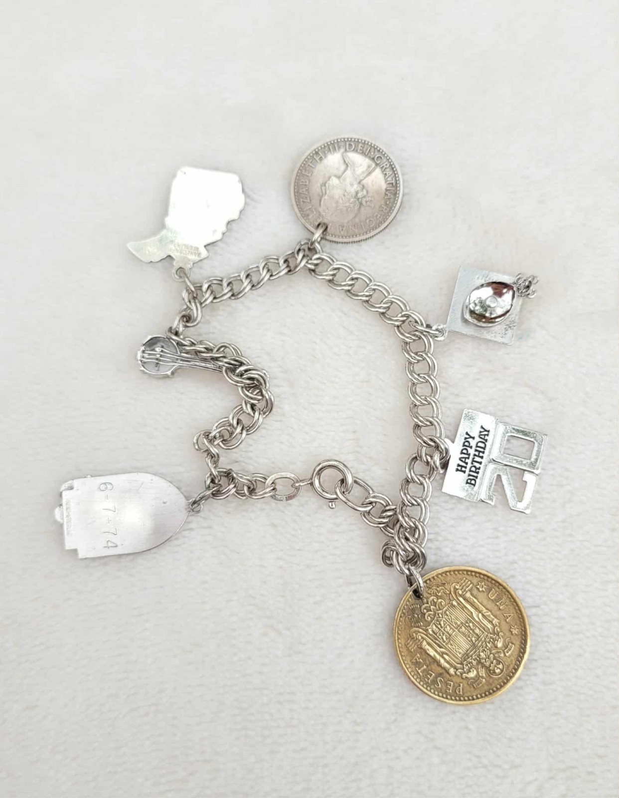 Vintage Sterling Silver Michigan Coins Banjo Grad 7 Charm Bracelet 7″ – 21.4g