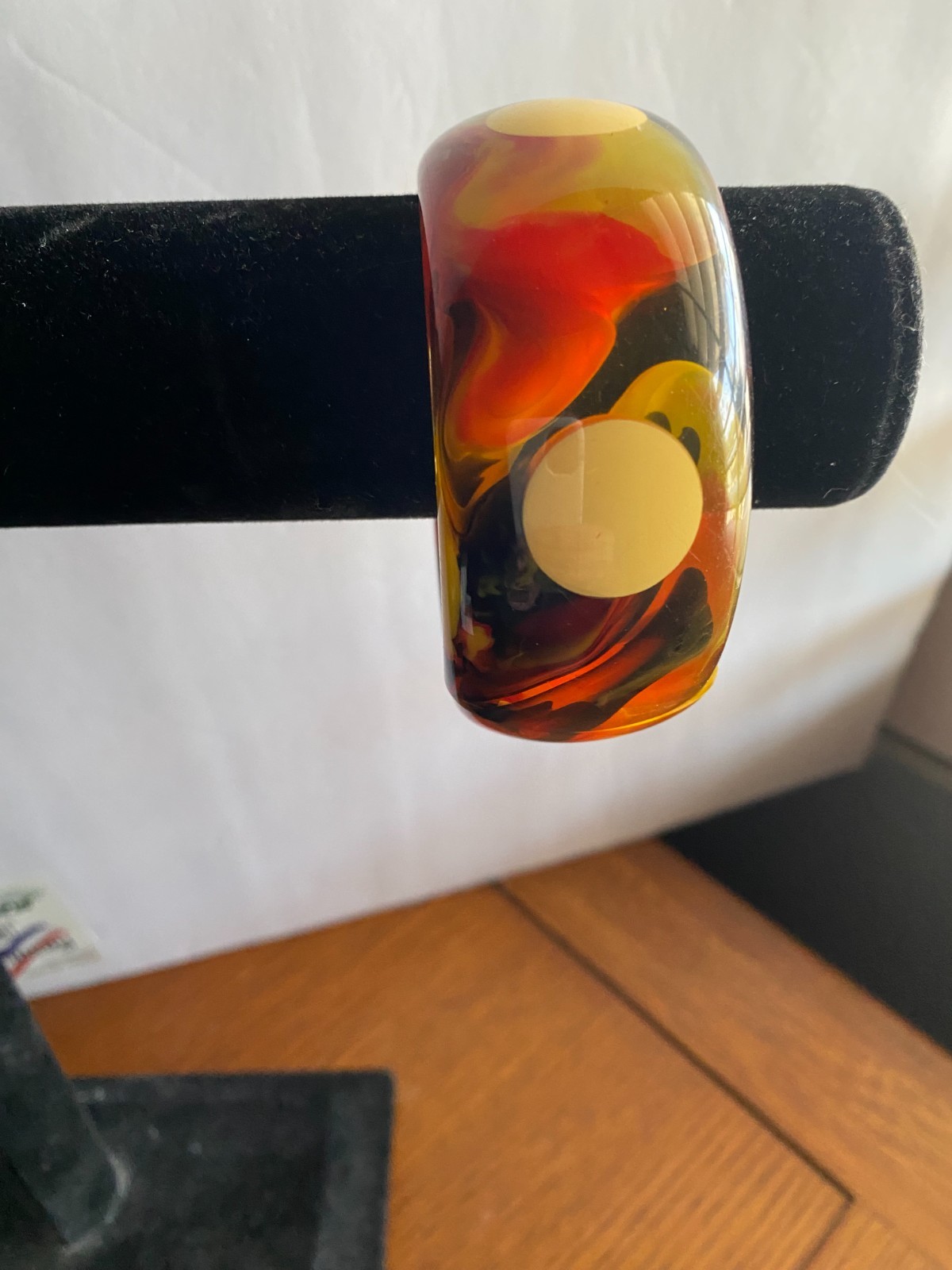 vintage bakelite hinged bangle mulity colors with off white dots signed Pantti