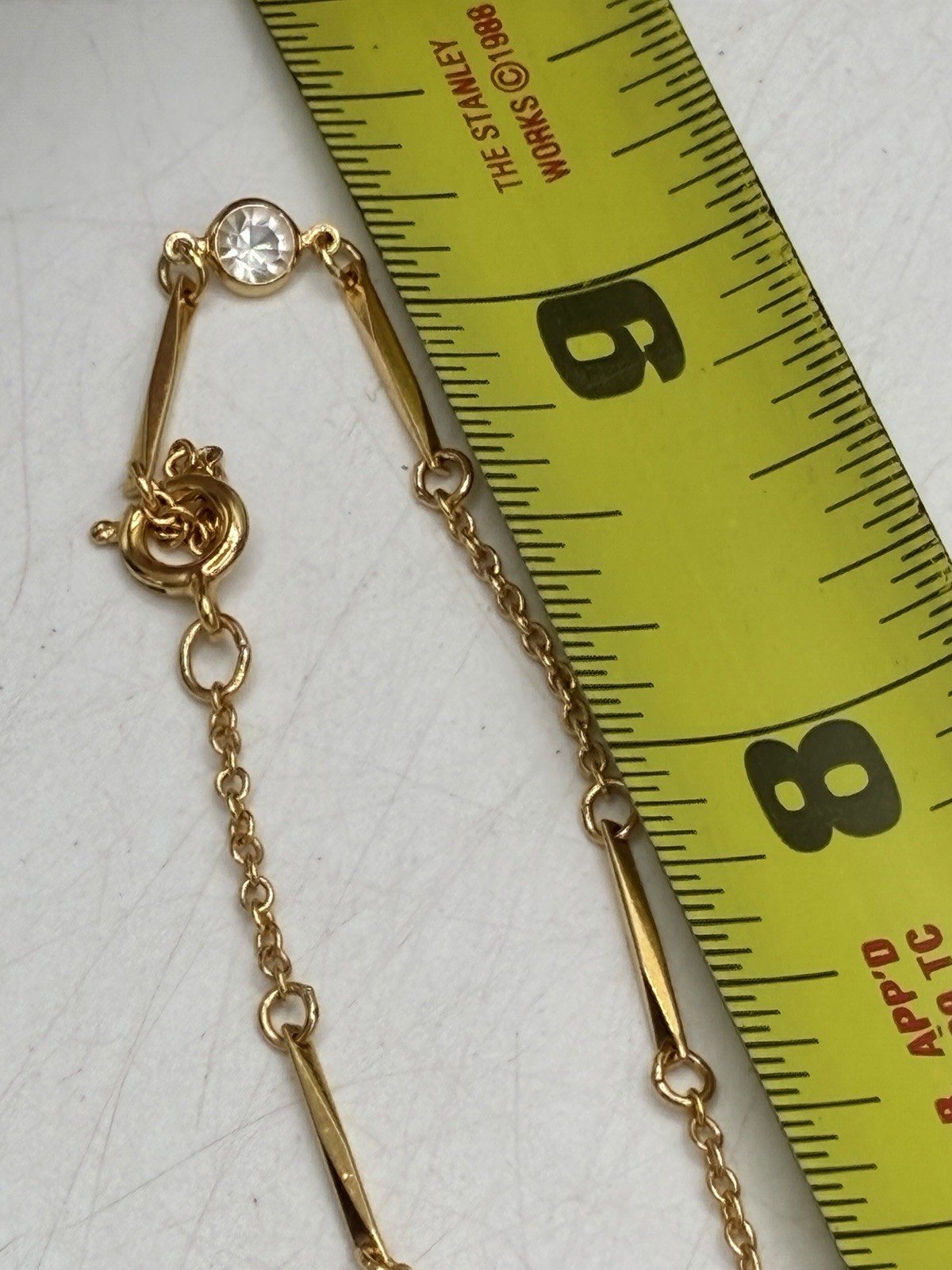 Gold Tone Bar Link Necklace Bezel Crystal Stations Vintage 80s Delicate