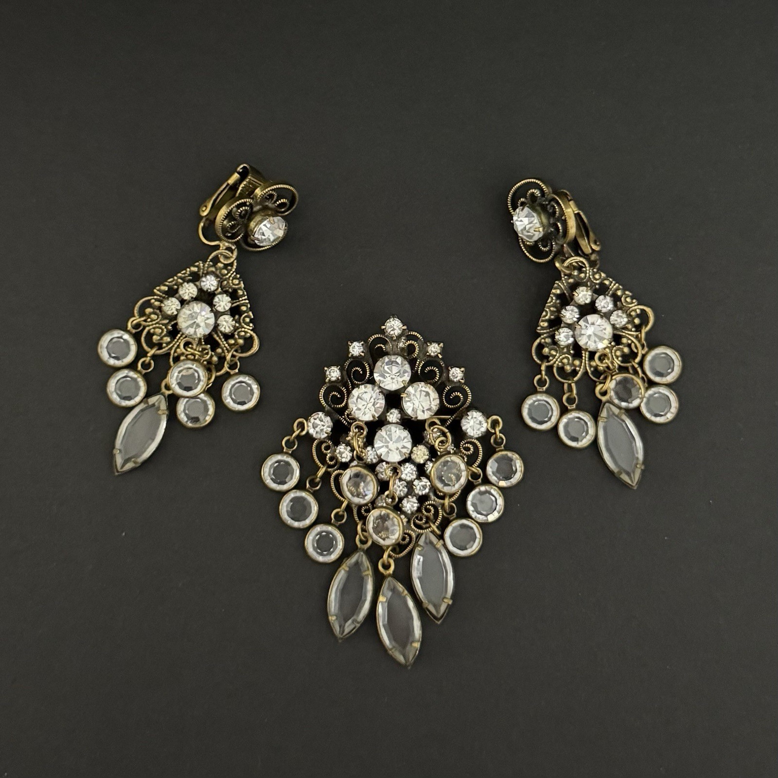 Vintage Hobé Signed Victorian Revival Filigree Brooch Pendant & Earring Set