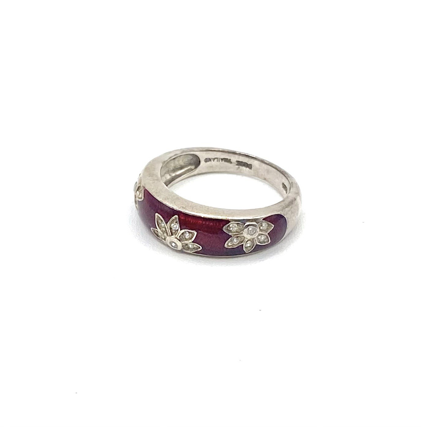 Vintage Sterling Silver 925 Dark Red Enamel CZ Crystal Ring Lotus Flower Size 7