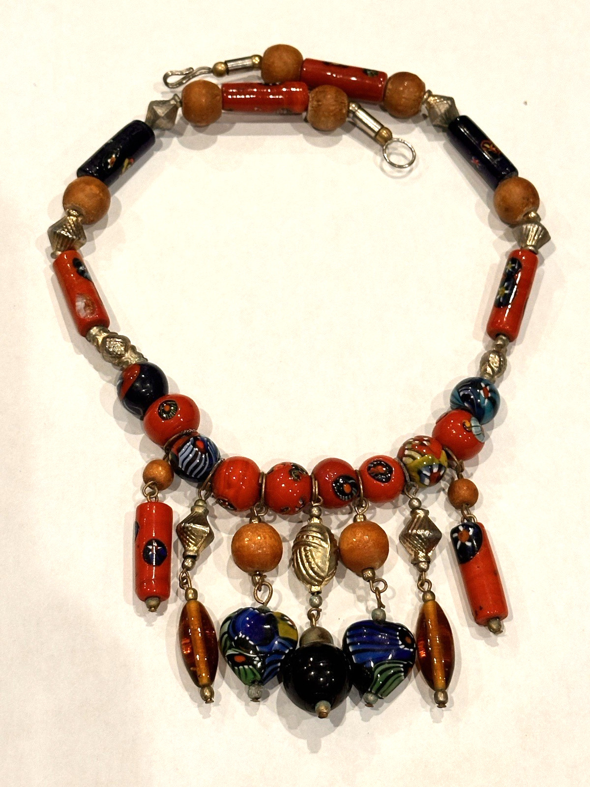MOROCCAN BERBER CERAMIC WOOD GLASS STAR FLORAL DANGLING BEADS 19″ NECKLACE EUC