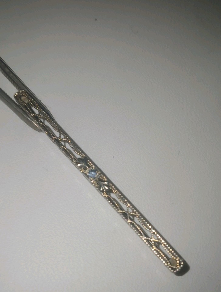 Antique 14kt White Gold and Small Sapphire Bar Pin with Safety Clasp