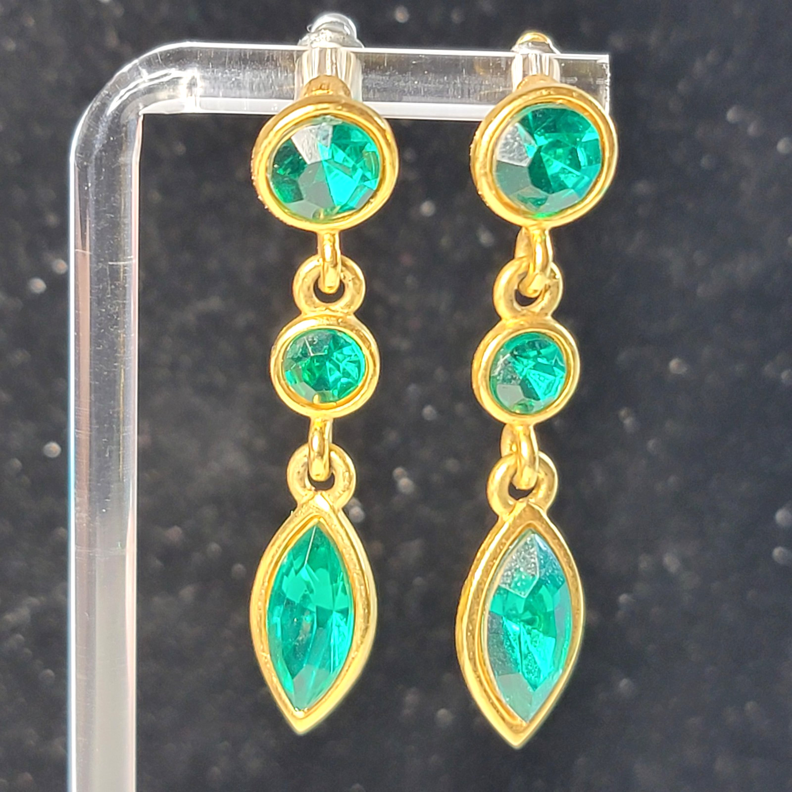 Vintage Napier Dark Green Faux Emerald Earrings 2″L Gold-tone, signed
