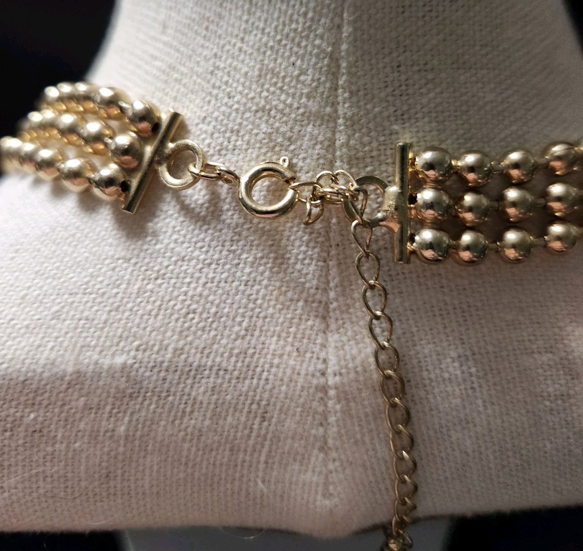 Vintage Gold Tone Beaded Necklace 3 Strands 16″ Small Beads Popcorn Link Retro