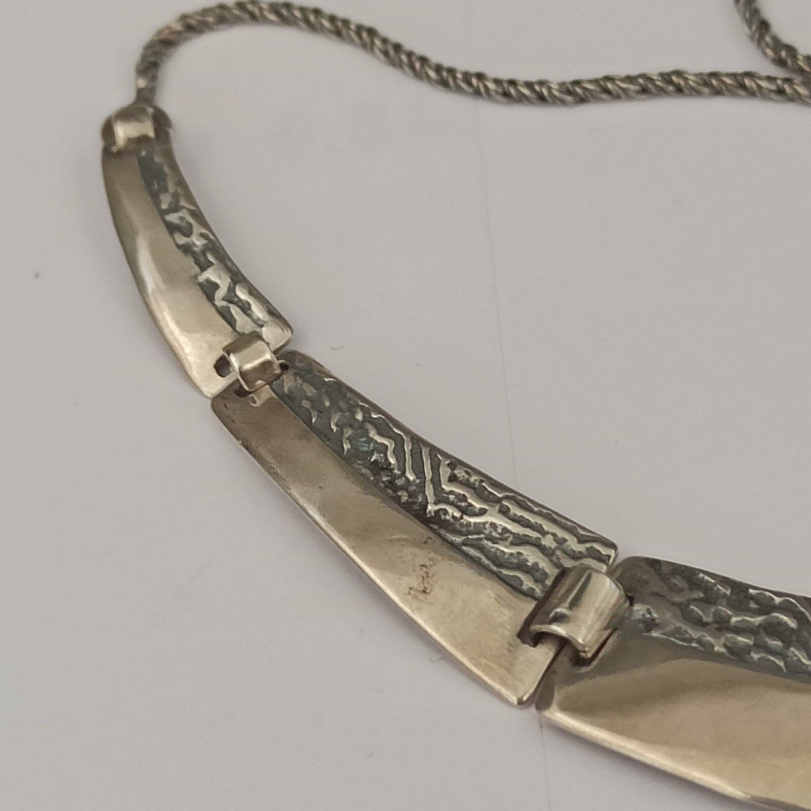 VTG Silver Artisan Necklace Modernist Articulated Links Textured Bib 90s Gift