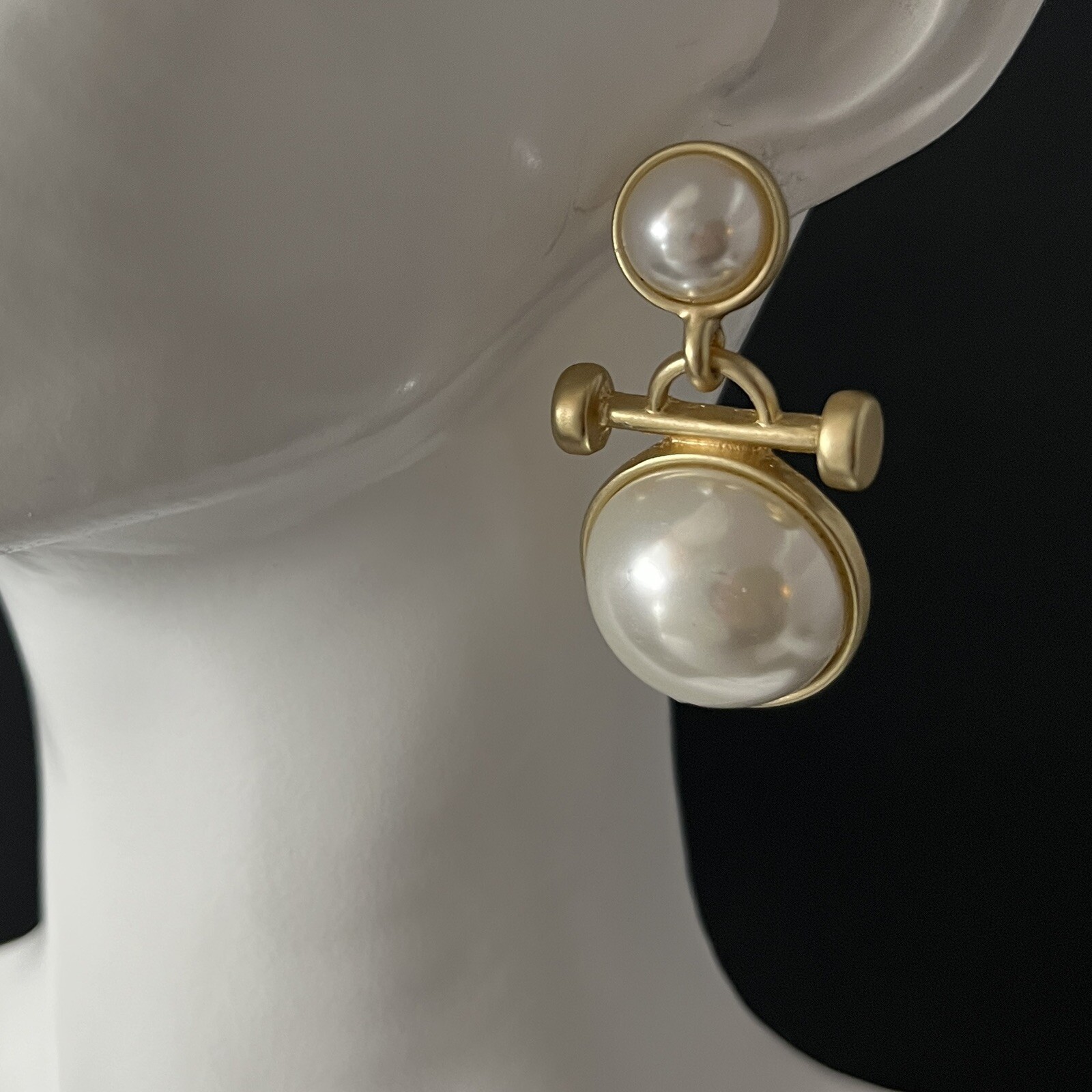 Byzantine Faux Pearl Cabochon Earrings Green Gold Tone Pierced Etruscan Revival