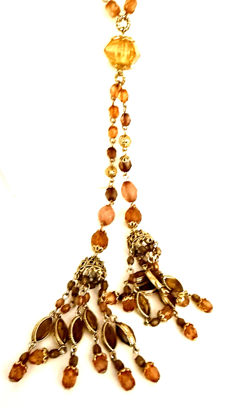 Vintage Robert Rose Gold Tone Amber Honey Beaded Lariat Style Pendant Necklace