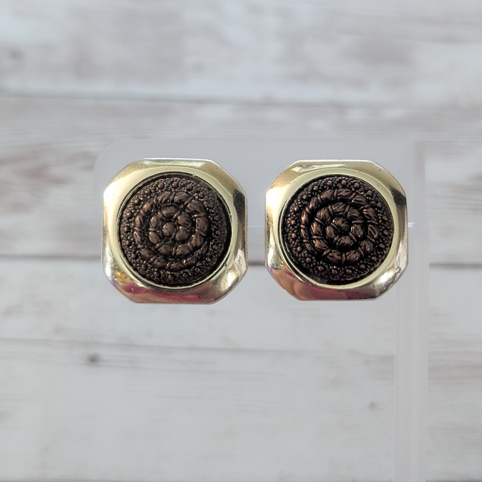Vintage Clip On Earrings Brown Spiral Center with Gold Tone Unusual Halo