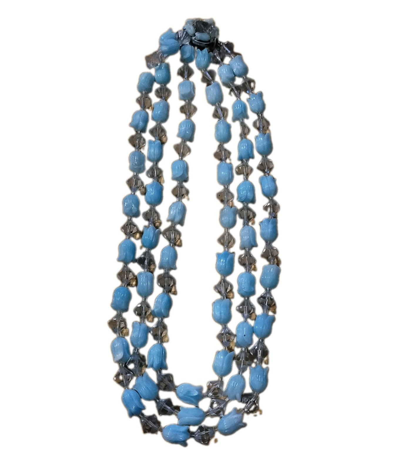 Vintage Japan Multi-Strand Beaded Necklace Blue Glass Gray Sim Crystal 18in Hook