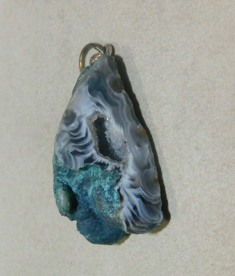 Blue Banded Agate Geode Druzy Quartz stone Pendant 2h 75