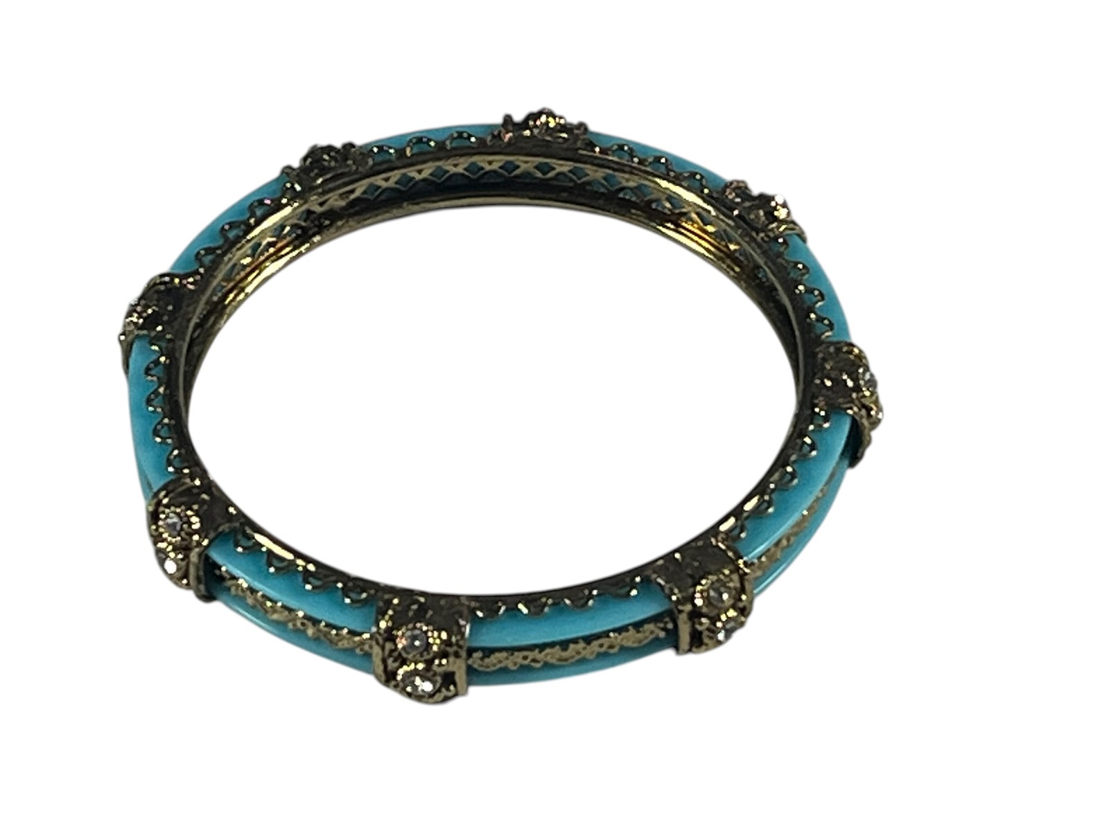 Vintage Gold Tone Turquoise Blue Enamel Rhinestone Hinged Bangle 3″ Bracelet