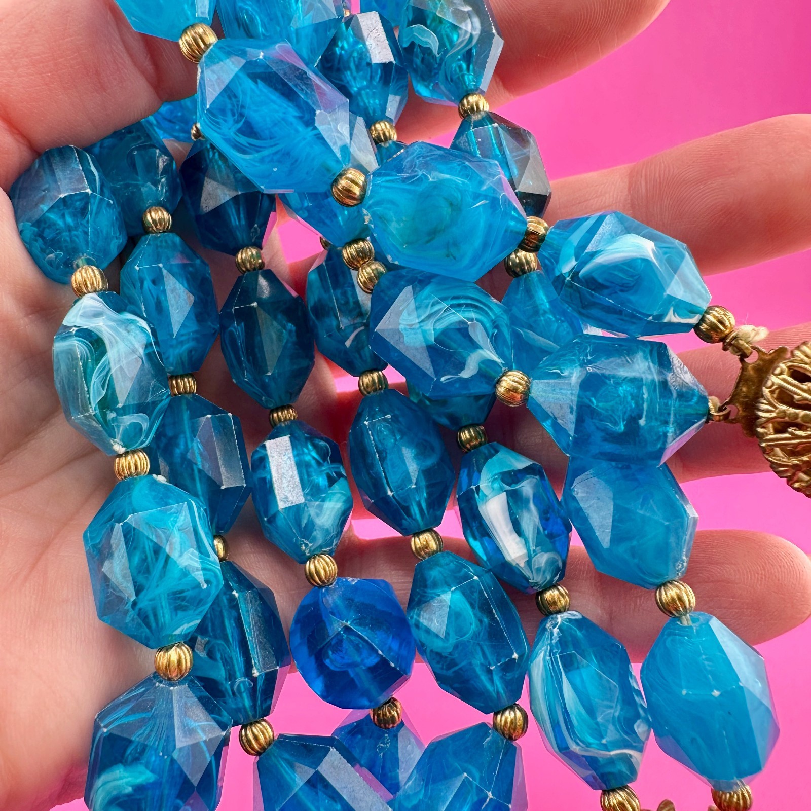 Vintage Necklace Aqua Blue Marbled Acrylic 2 Strand Filigree Clasp Faceted Bead