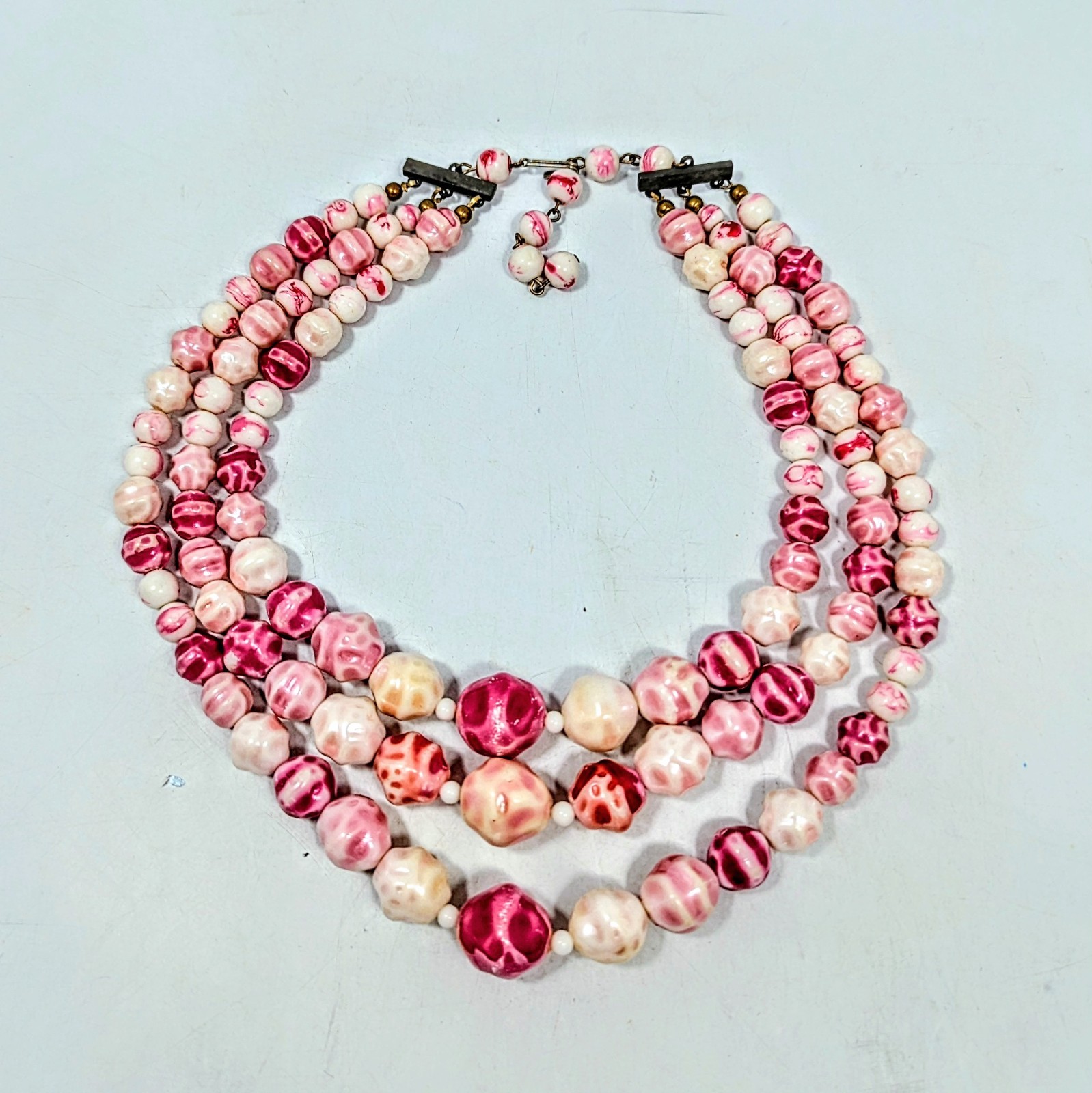 Lucite Hand Painted Pink Beads 3 Strand Vintage Necklace Japan 15-17″