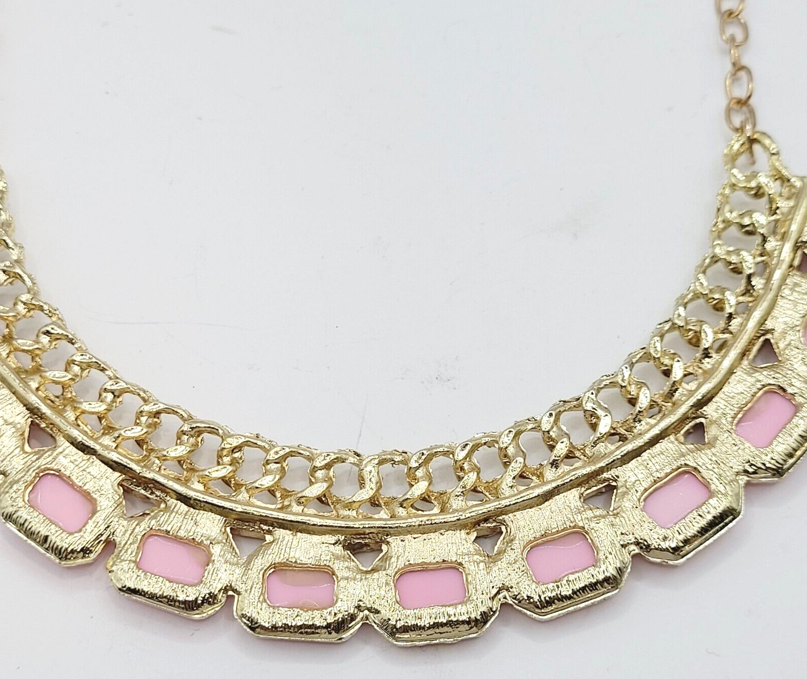 Fancy Rhinestone & Pink Acrylic with Milkglass Style Vintage Gold Tone Necklace