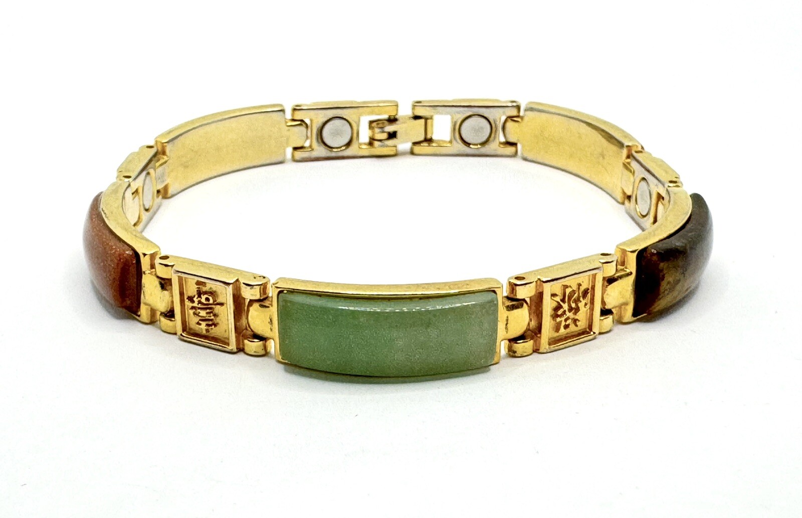 Vintage Gold Tone Linked Panel Magnetic Asian Bracelet Tiger Eye Jade Turquoise