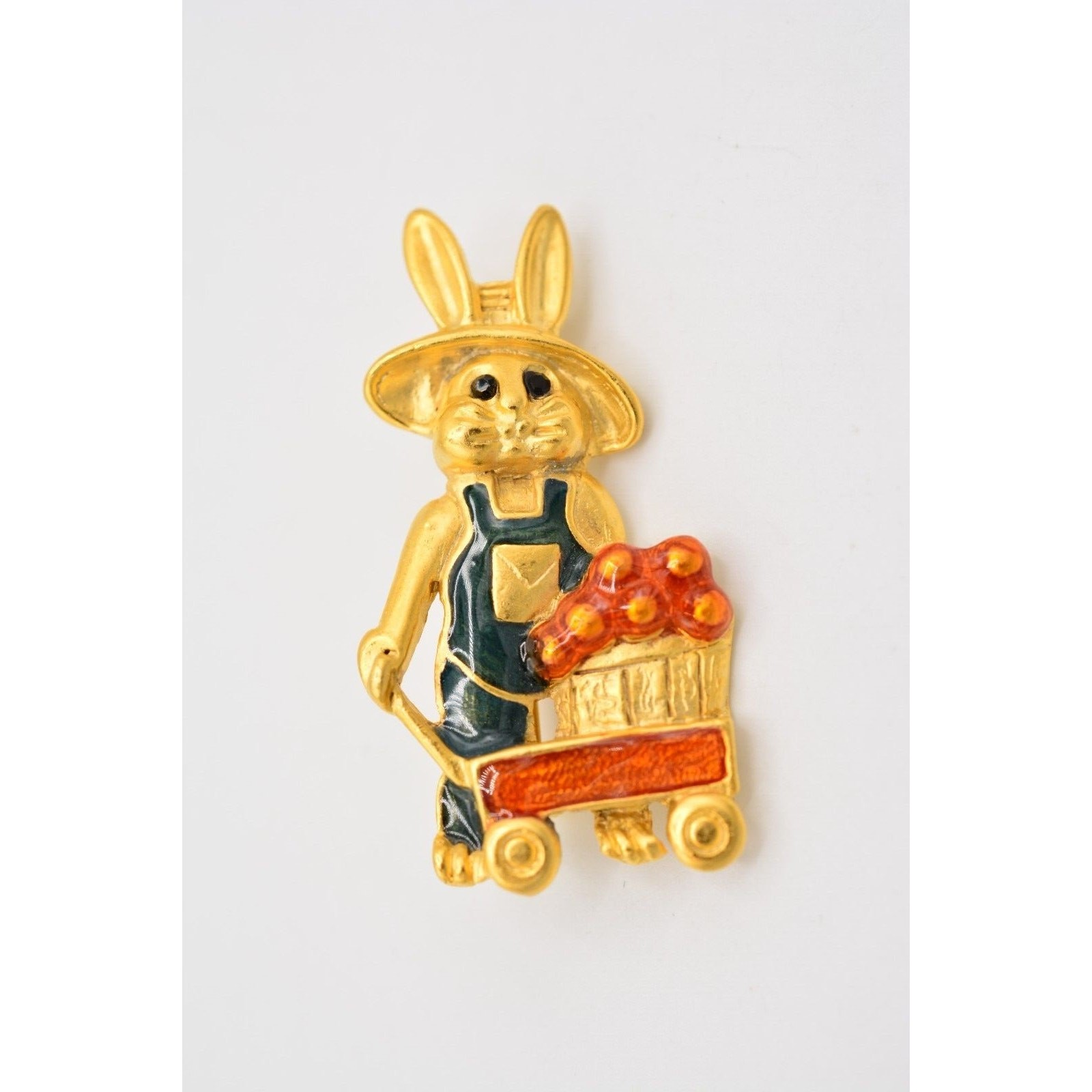 Danecraft Vintage Bunny Rabbit Brooch Pin Enamel Wheelbarrow Garden Easter BinA1
