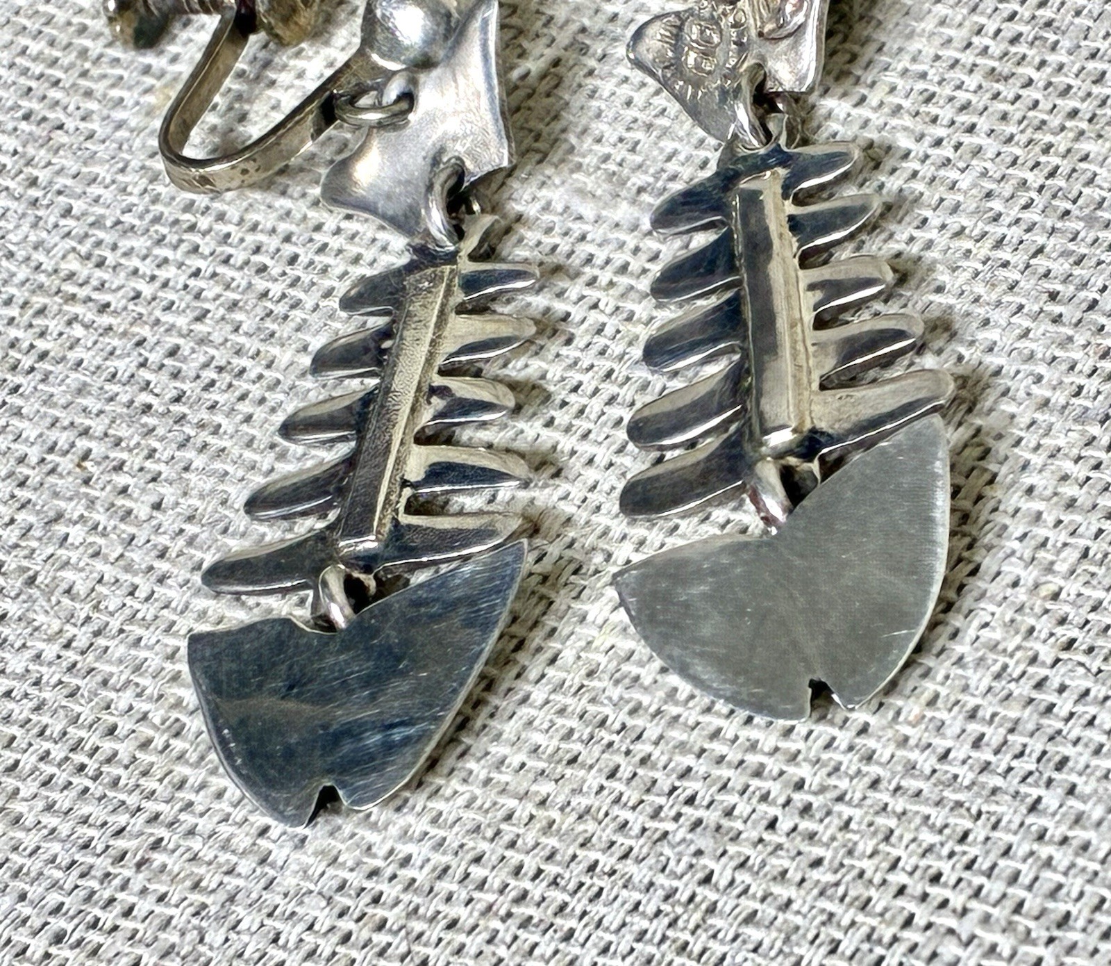 Taxco Silver Fish Dangle Earrings signed IP with Eagle Modernist Screw Back