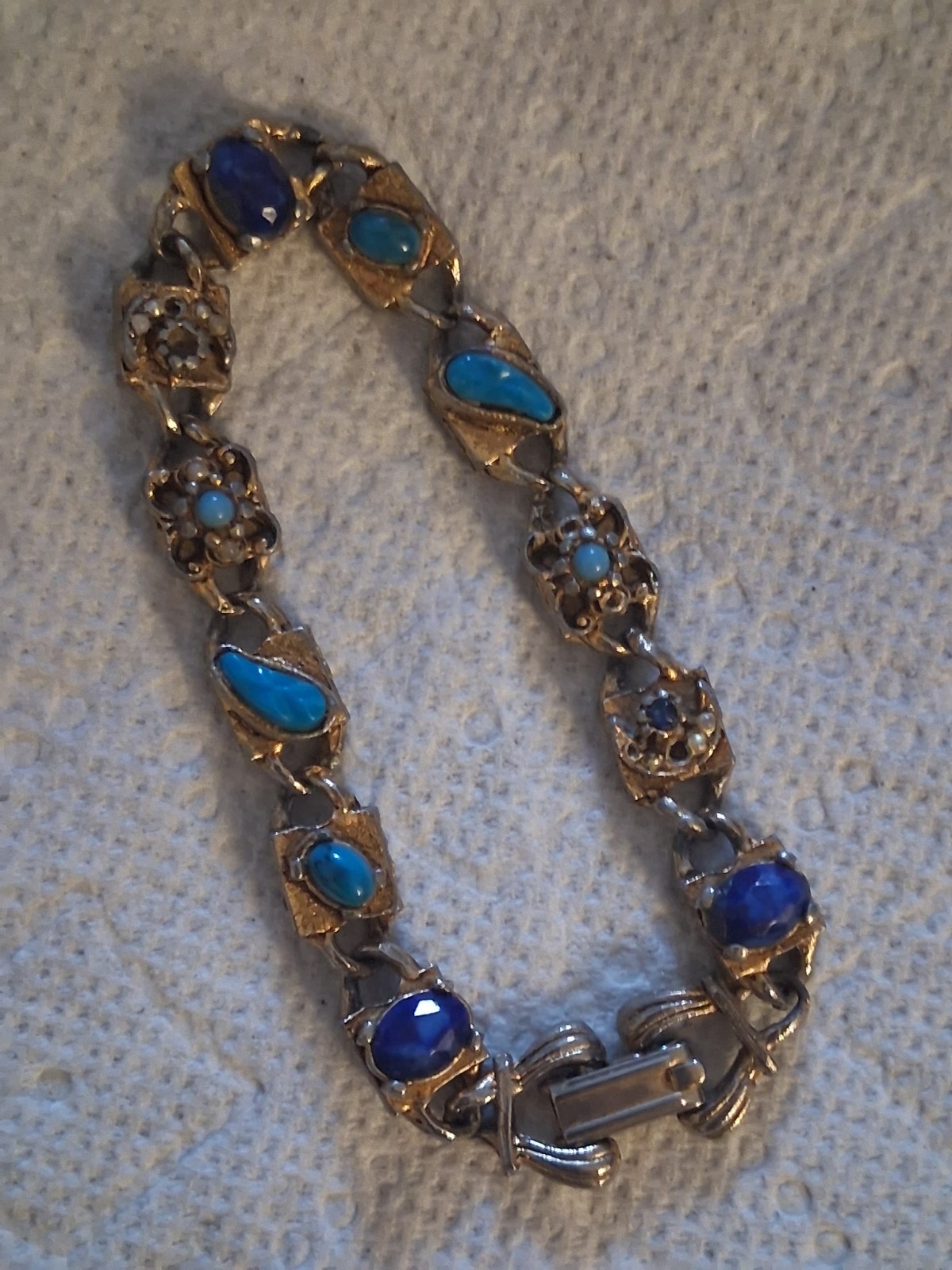 Vintage LJM gold tone chain link bracelet faux blue stones small pearls