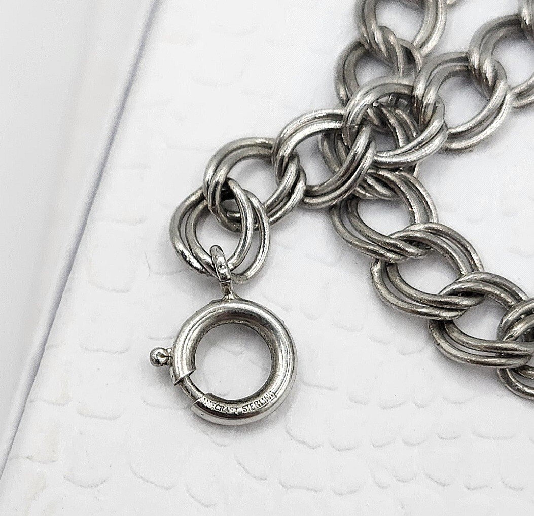Vintage Danecraft Sterling Silver Double Link Starter Charm Bracelet 7 & 3/4″