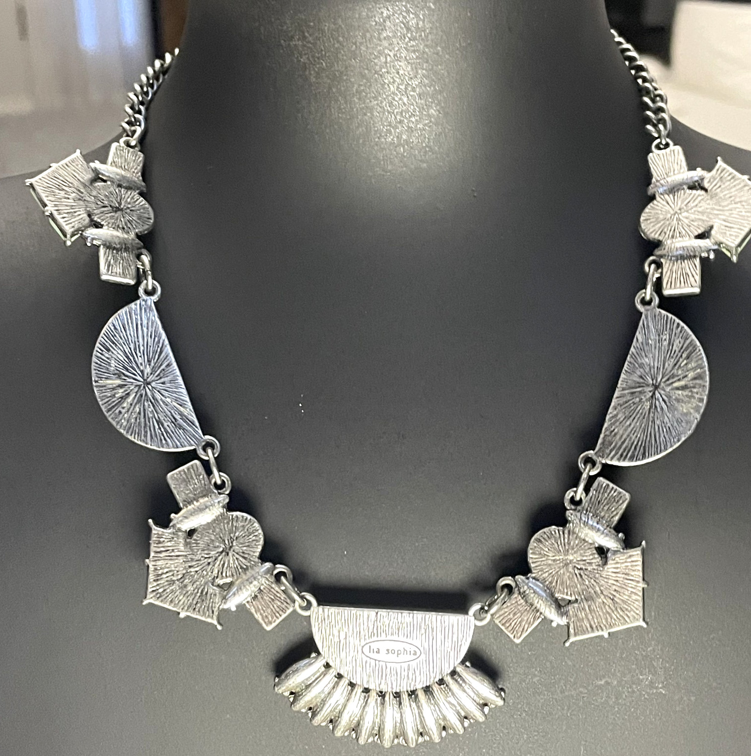 Vintage Lia Sophia Geometric Multi Color Stone & Rhinestone Silver Tone Necklace