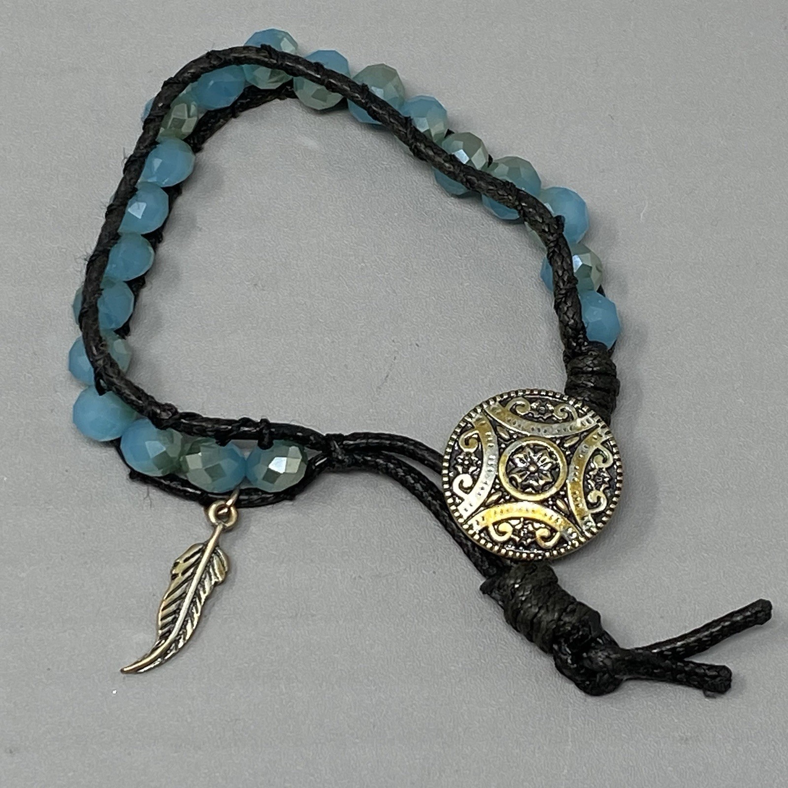 Glass Bead Bracelet Faux Leather Cord Blue Surface Coated Western Button Feather
