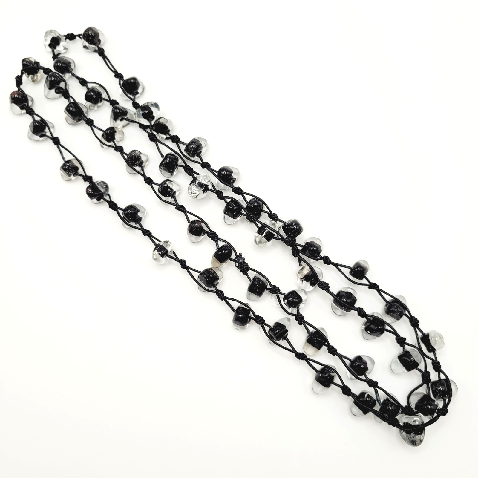 Art Glass Clear Ice Pebble Bead Hand Knot Black Thread Single Strand Necklace