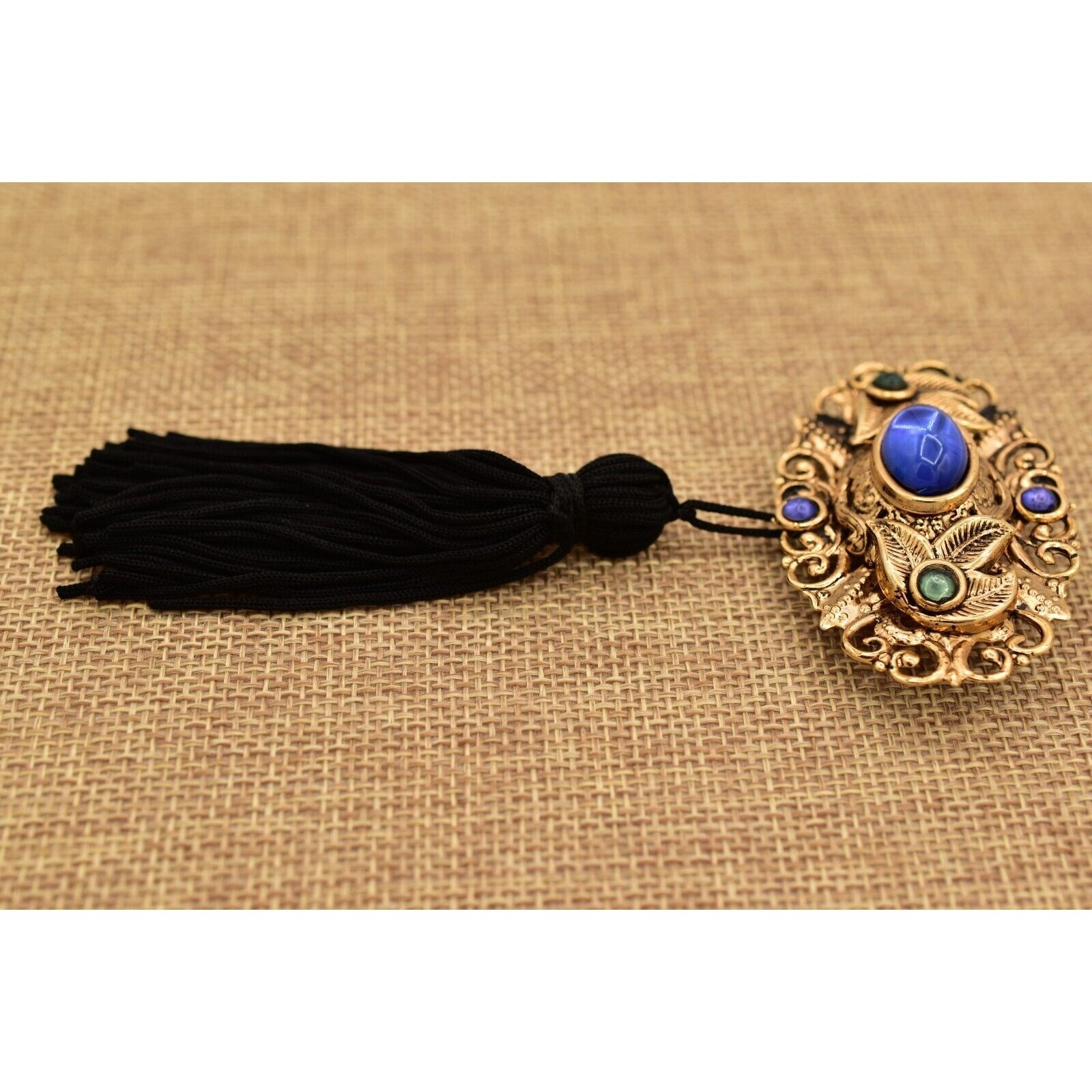 Vintage Cabochon Tassel Pin Brooch Lightweight Antiqued Gold Blue Black BinBG