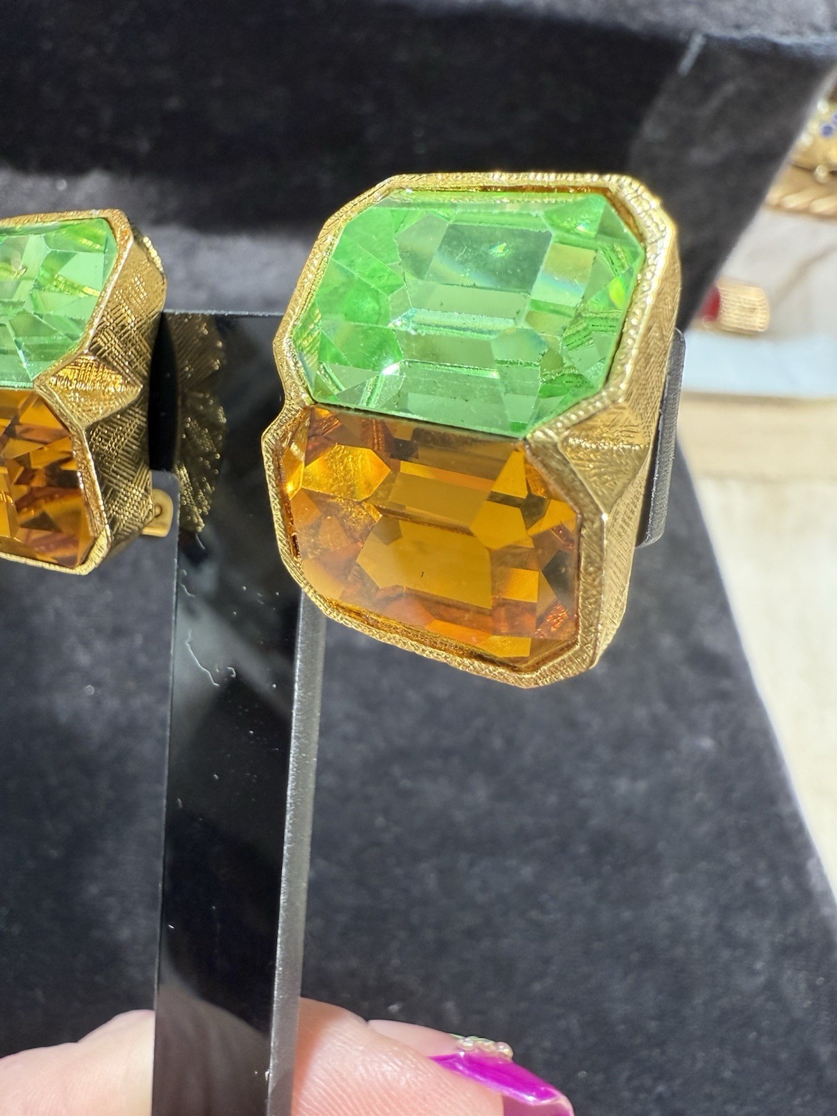 Vintage Signed Kenneth Lane Green & Orange Rhinestone Runway Clip-On Earrings