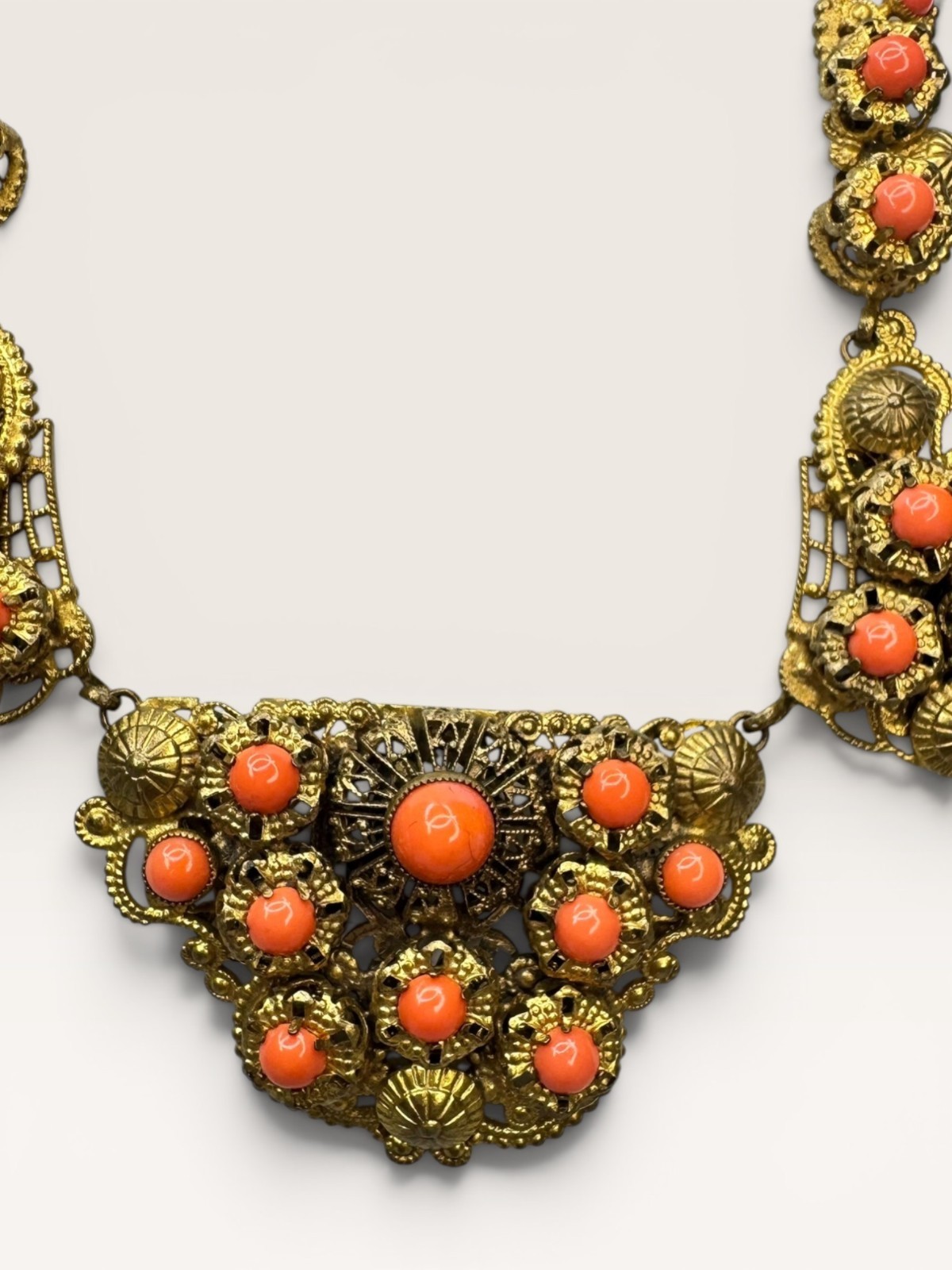 Brass Filigree Bib Festoon Necklace Coral Orange Glass Beads Art Deco