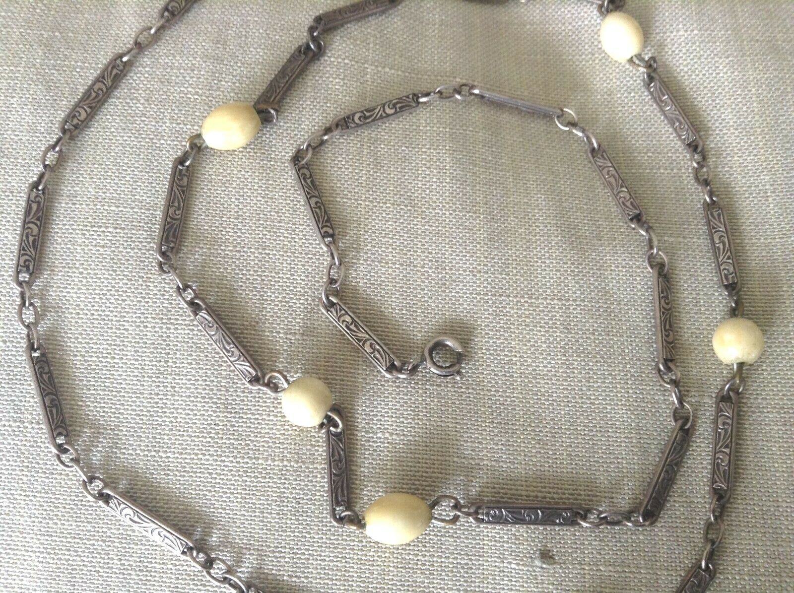 Vintage Sterling Silver Stamped Link Necklace Off White Bead Stations 25″ 13.06g