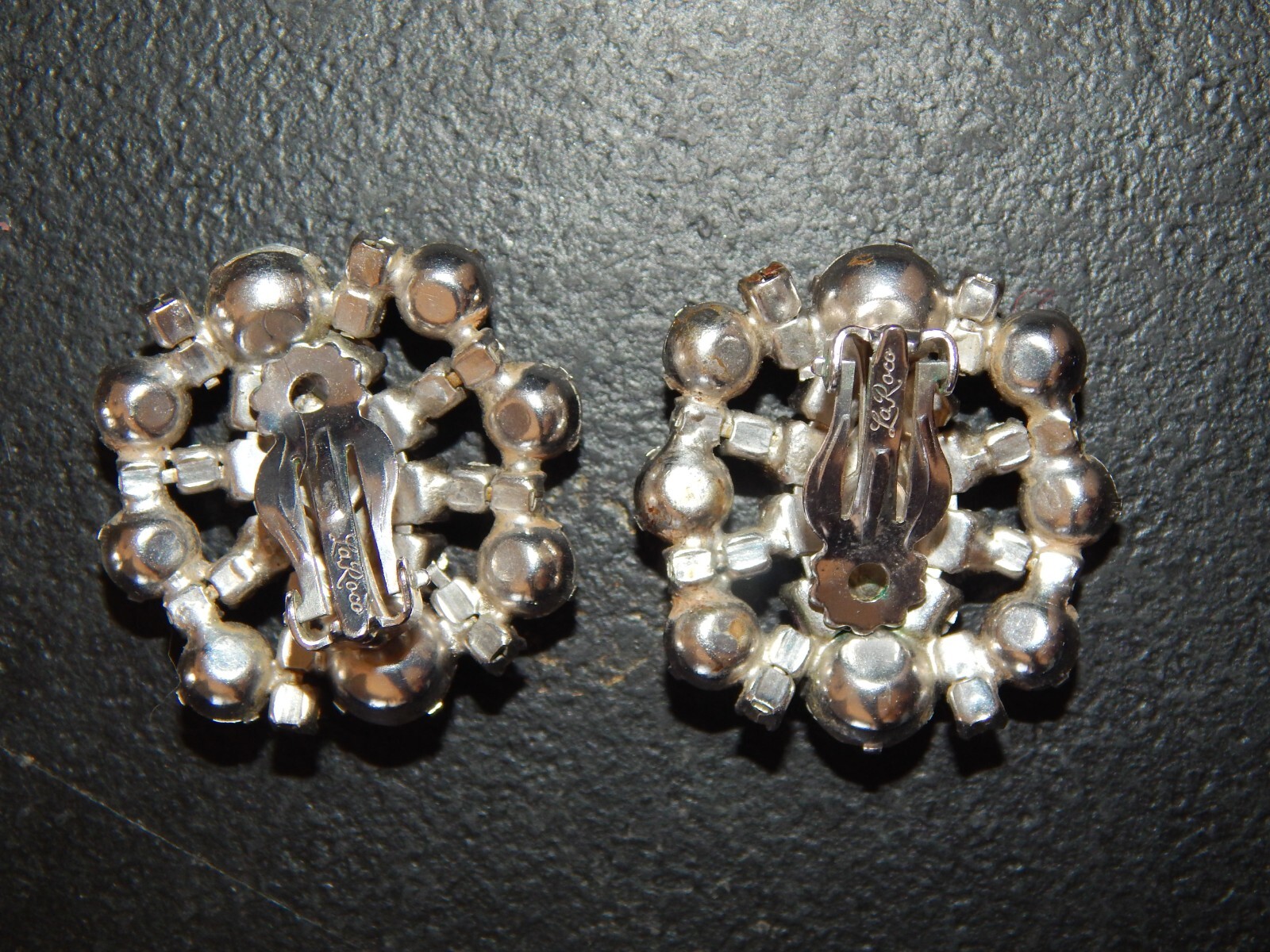 Vintage Rhinestone Earrings Signed La Roco: Clip-On, Silver-Tone