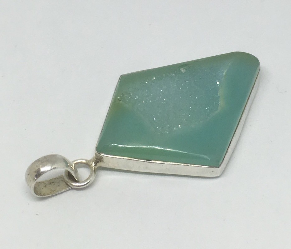 Natural Green Geode Pendant Polished Edges w/ Crystals in Sterling 15.9 grams