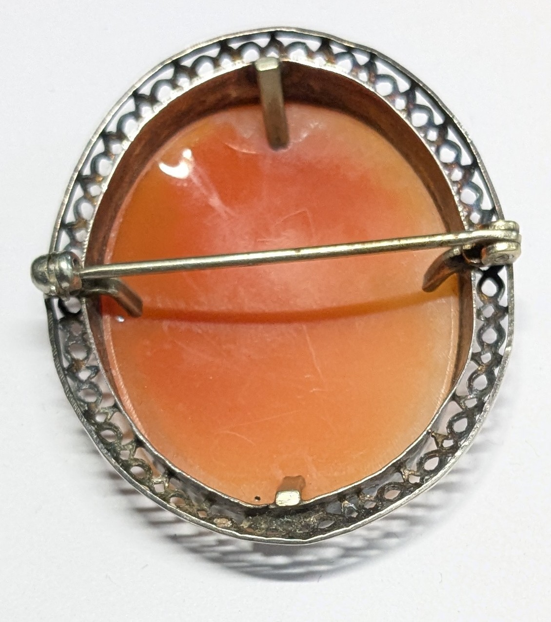 Vintage Silver Color Shell Cameo Pin Lady With Safety Clasp (AK)