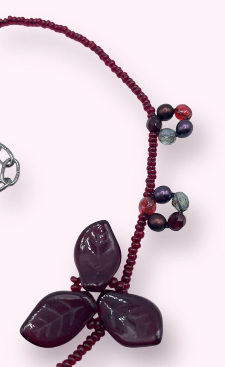 VTG Statement Boho Czech Burgandy Red molded leaves Art Glass necklace 19″