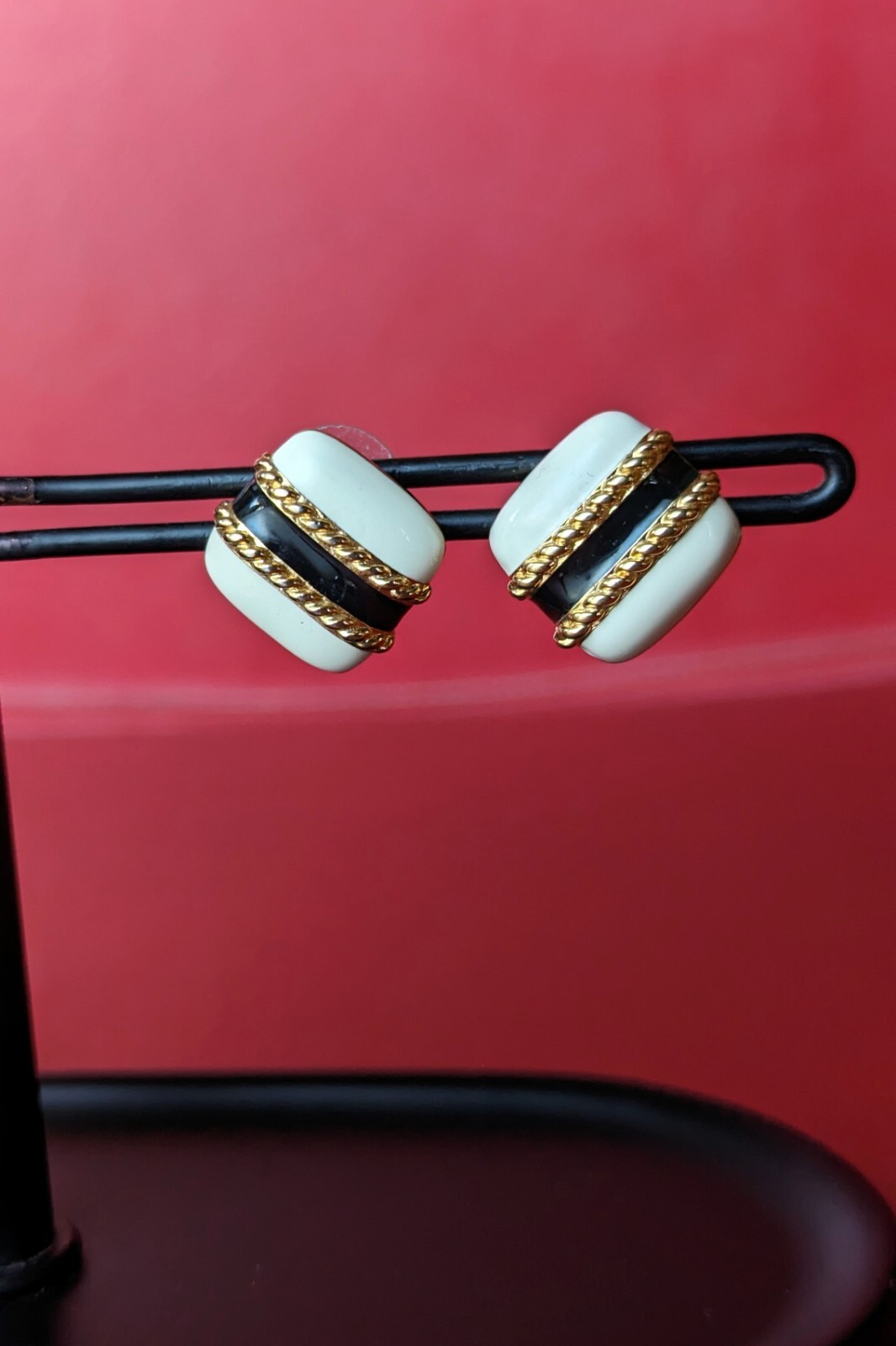 Vintage MONET White Black Enamel Gold Tone Braid Square Cushion Pierced Earrings