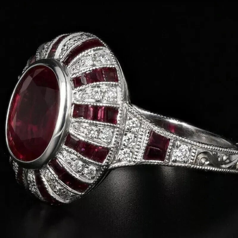 2.8Ct Art Deco Style Oval Red Lab Created Ruby Engagement 14K White Gold FN Ring