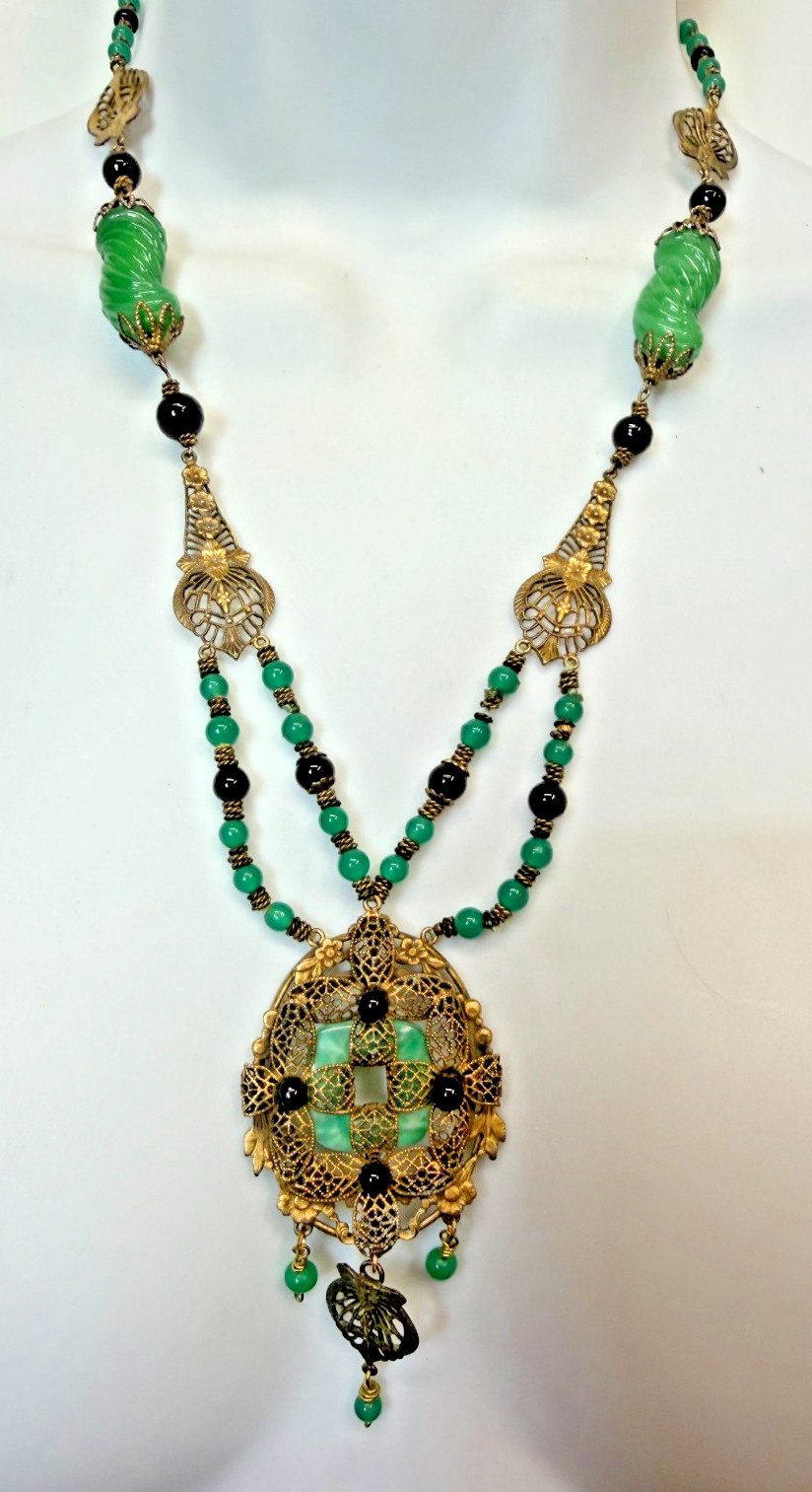 Vintage Necklace Art Deco Green Art Glass Brass Filigree Pendant 20 Inches PJ