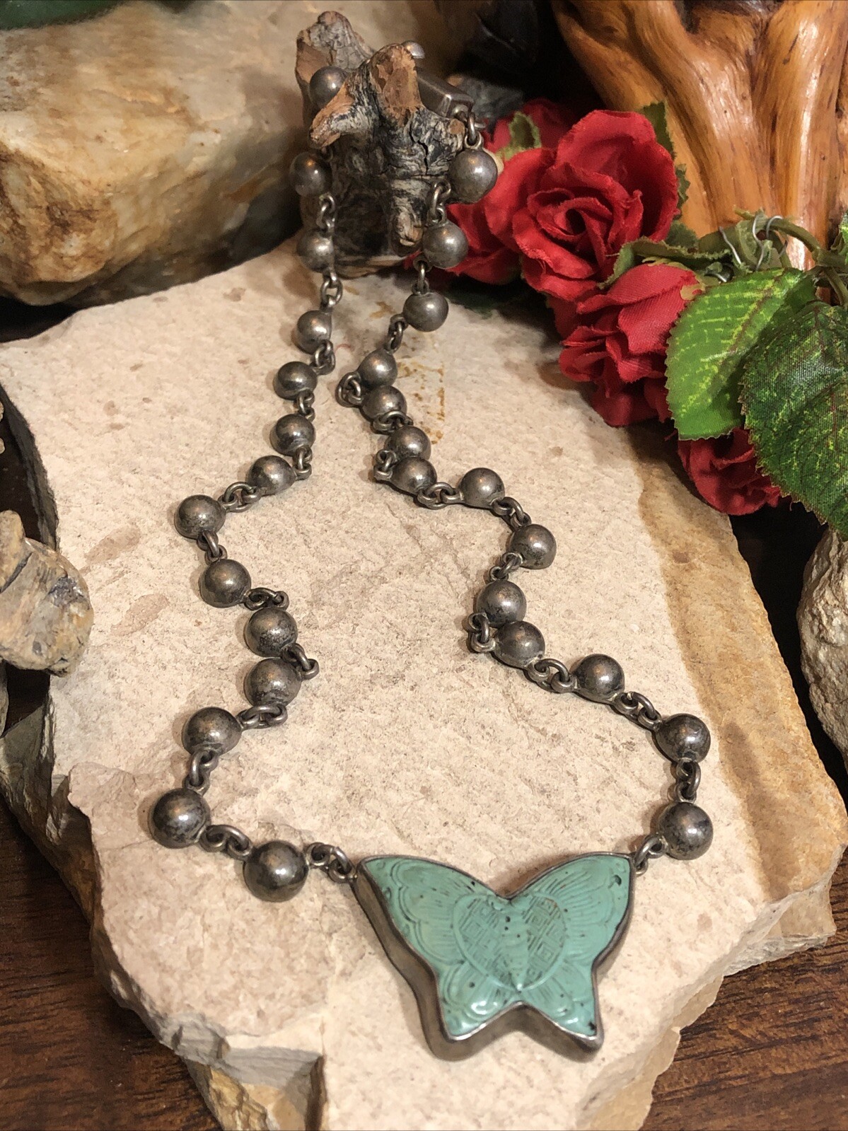 30. Signed 925 Sterling Pastel Green BUTTERFLY Half Ball Link Necklace 44g, 18″