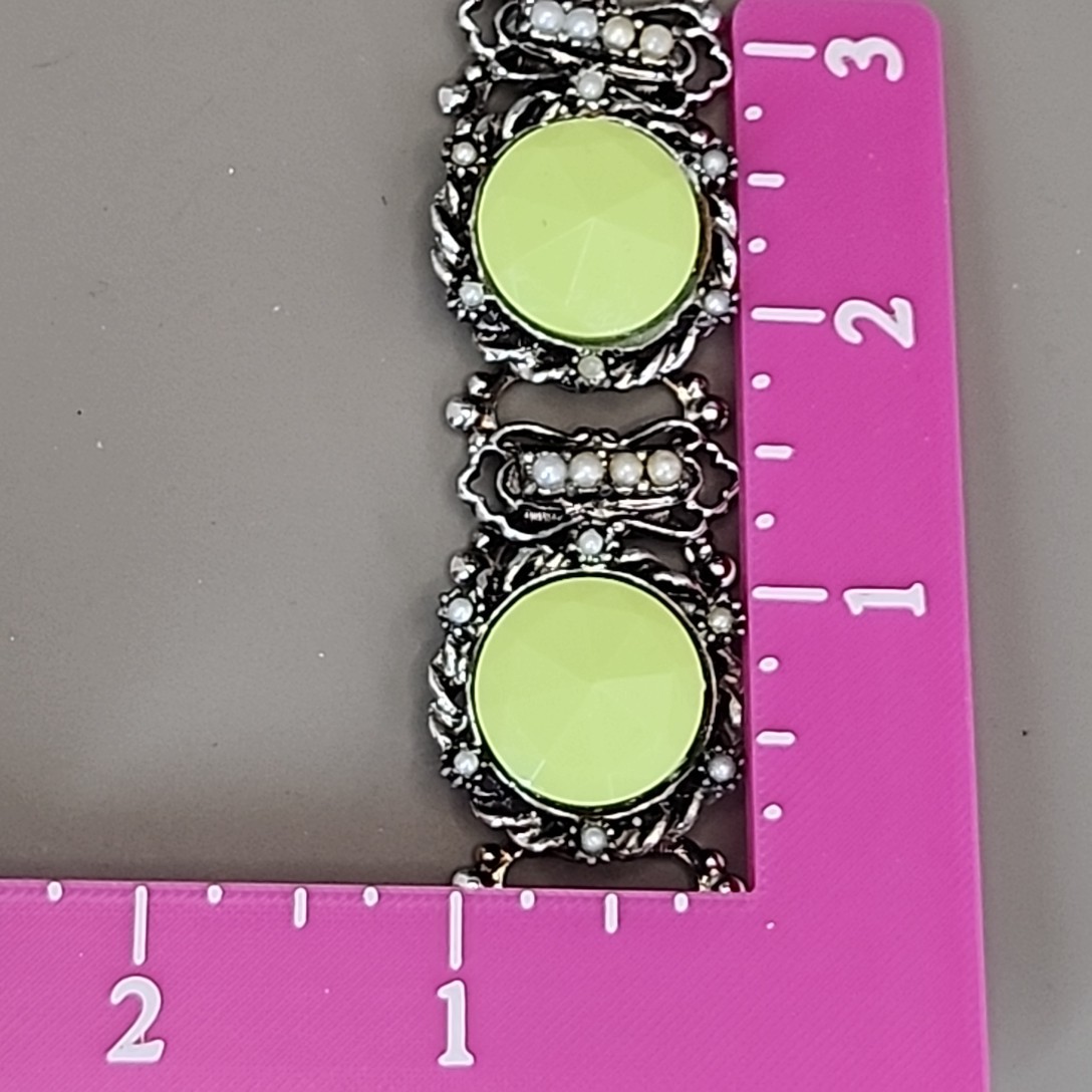 Vintage Bracelet Lime Green Round Bead Faux Pearl Silver Tone Book Chain 6″