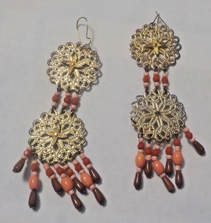 Vintage Peach, Brown & Pink Beads & Gold Tone Dangling Pierced Earrings