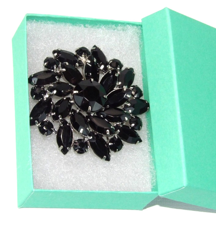 Vintage Juliana Prong-Set Jet Black Art Glass 2″ Silvertone Cluster Brooch Pin